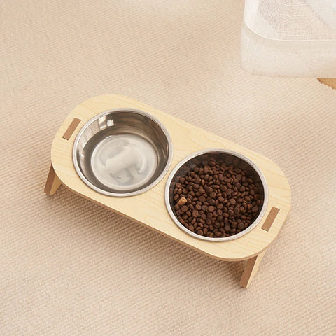 Double Cat Bowl with Wooden Stand