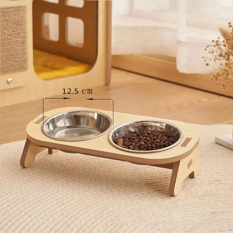 Double Cat Bowl with Wooden Stand