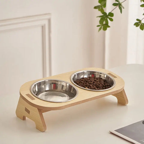 Double Cat Bowl with Wooden Stand