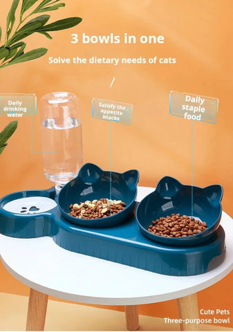 3-in-1 Cat Water and Food Bowl Set with Gravity Water Feeder