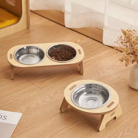 Double Cat Bowl with Wooden Stand