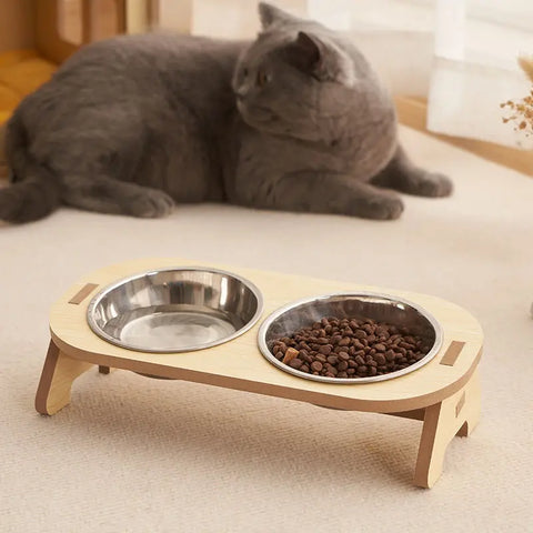 Double Cat Bowl with Wooden Stand