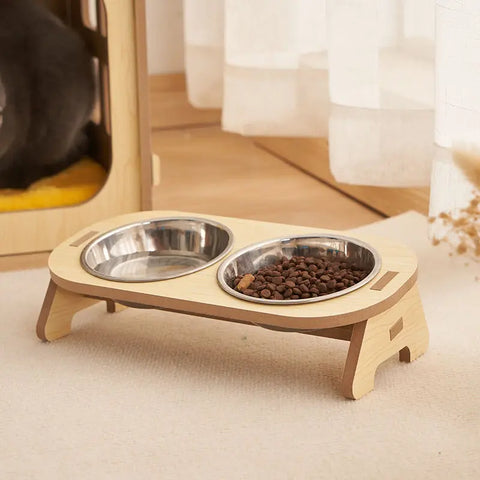 Double Cat Bowl with Wooden Stand