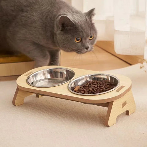 Double Cat Bowl with Wooden Stand