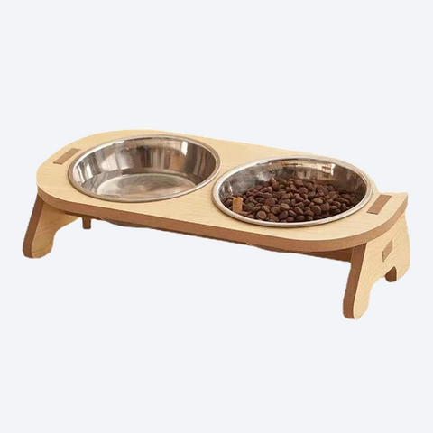 Double Cat Bowl with Wooden Stand